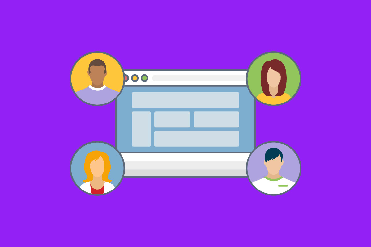 An illustration of a browser window surrounded by four diverse user avatar icons.