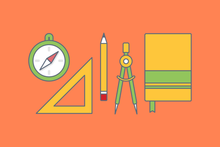 An illustration of design tools — a compass, triangle ruler, pencil, drafting compass, and notebook — arranged on an orange background.
