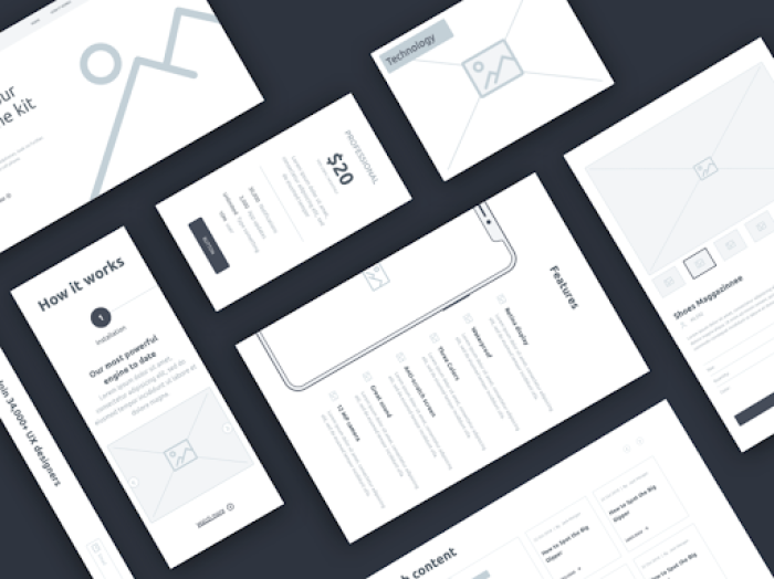 A collection of wireframe UI design templates arranged on a dark background, including multiple web page layouts and a mobile phone screen mockup.