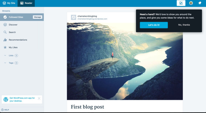 The WordPress.com Reader interface with an onboarding announcement offering to guide new users through the platform.