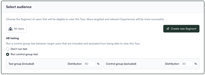 A screenshot of Chameleon's A/B testing with audience segmentation