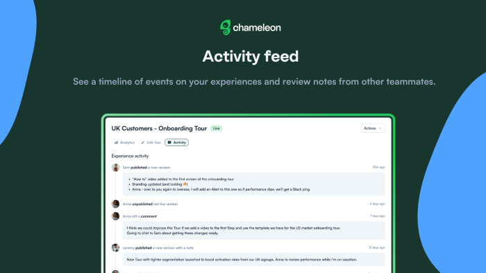 Chameleon's Activity feed feature, showing a timeline of teammate publish events and comments for a live onboarding tour in the dashboard