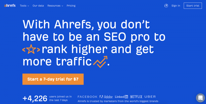 The upgraded Ahrefs homepage screenshot which focuses on the benefit: rank higher and get more traffic