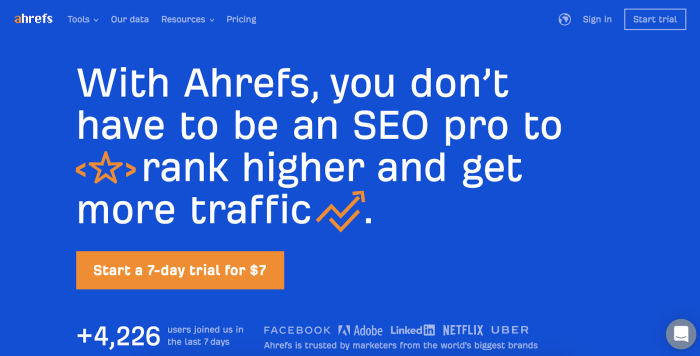 The upgraded Ahrefs homepage screenshot which focuses on the benefit: rank higher and get more traffic