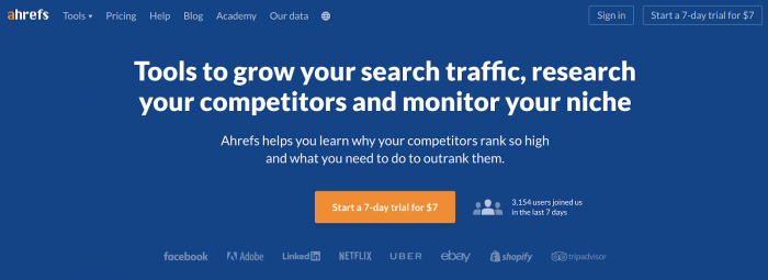 A screenshot of Ahrefs homepage focussing on a well-known pain point for their customers.