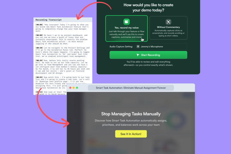 Chameleon's demo creation workflow: a voice recording transcript connected by arrows to a demo creation dialog offering voice narration or silent capture modes, and the resulting Chameleon interactive demo.