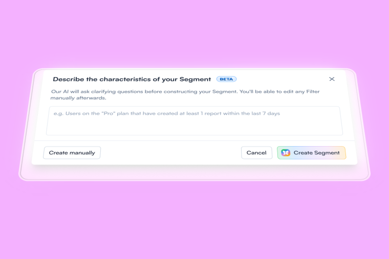 Chameleon dashboard dialog for creating a user segment with AI, featuring a natural-language description field and a 