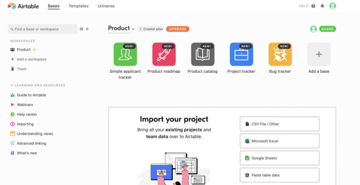The Airtable dashboard showing a Product workspace with suggested templates and an option to import existing project data.