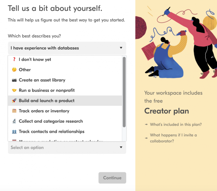 Airtable's onboarding screen asking users to identify their role, with 'Build and launch a product' highlighted in the dropdown.