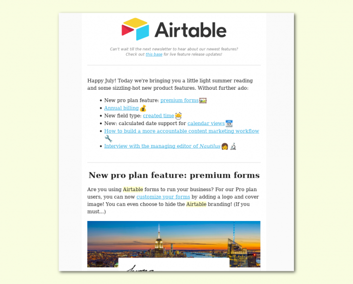 Airtable email feature announcement with emojis