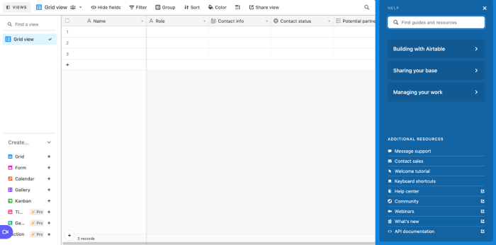 A screenshot of Airtable's Help panel with resources for building, sharing, and managing work