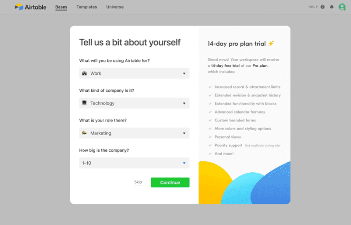 An image of Airtable's onboarding flow