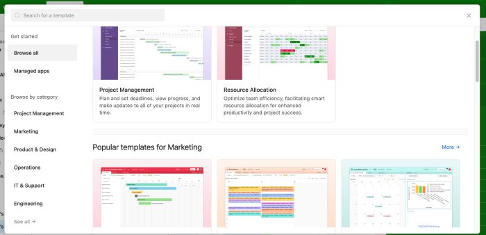 Airtable's template browser with category navigation on the left and a grid of template preview cards on the right.