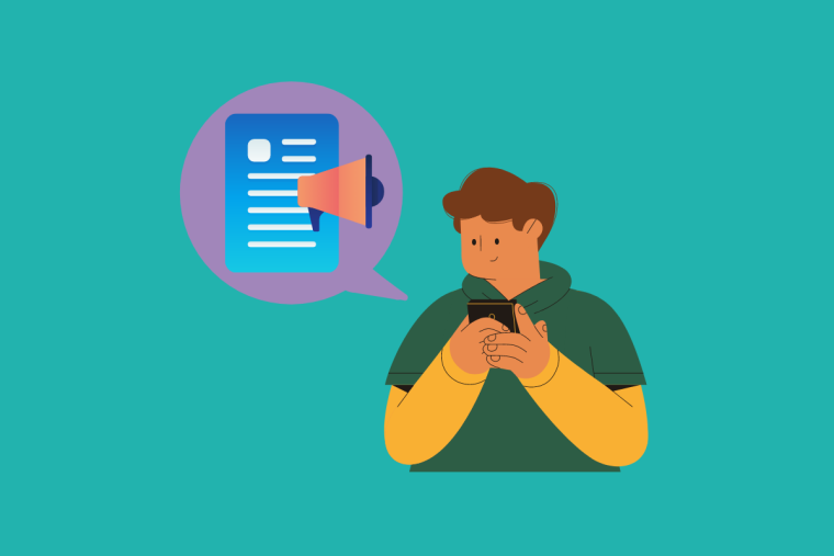 An illustration of a person looking at a smartphone, with a speech bubble showing a notification icon alongside a megaphone.