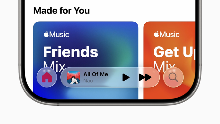 An iPhone displaying Apple Music's Liquid Glass UI, with translucent playback controls floating over playlist cards in a Made for You section.