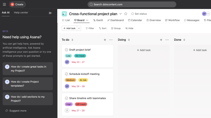 A screenshot of Asana's get started feature