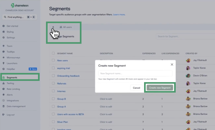 Chameleon dashboard showing the Segments list with a 'Create new Segment' dialog open, containing a name field and a 'Create new Segment' button.
