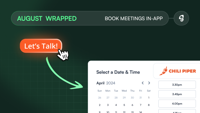 An in-app 'Let's Talk!' CTA button with a cursor, connected by an arrow to a Chili Piper meeting scheduling calendar.
