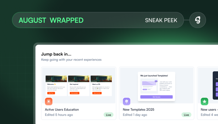 The Chameleon dashboard homepage with a 'Jump back in' recents carousel showing cards for recently edited live experiences.
