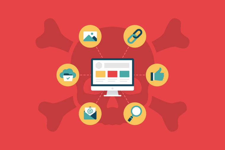 A skull-and-crossbones illustration with a desktop computer showing a website at its center, surrounded by web-related icons.