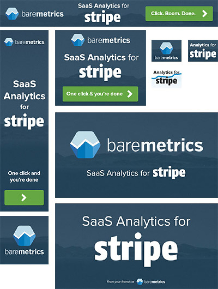 A set of Baremetrics retargeting banner ads in multiple sizes, each promoting SaaS analytics for Stripe.