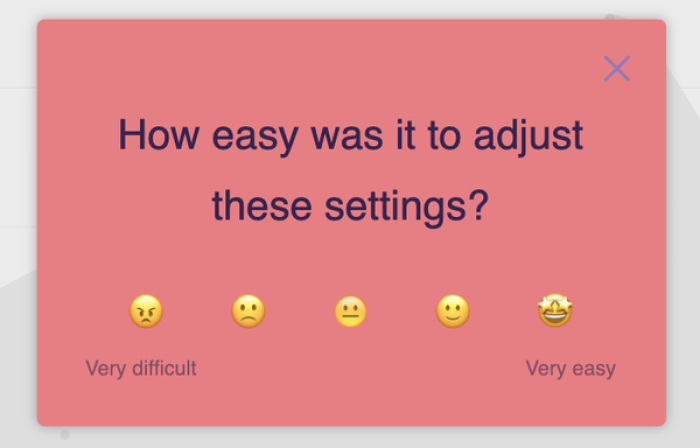 A Chameleon Microsurvey asking 'How easy was it to adjust these settings?' with a five-point emoji rating scale from very difficult to very easy.