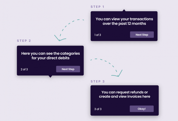 Example of concise step-by-step onboarding prompts enabling a fast and fluid user journey through the product features
