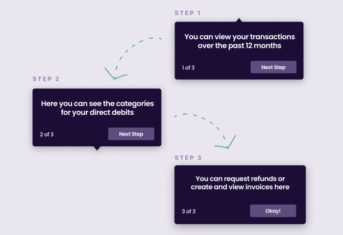 Example of concise step-by-step onboarding prompts enabling a fast and fluid user journey through the product features