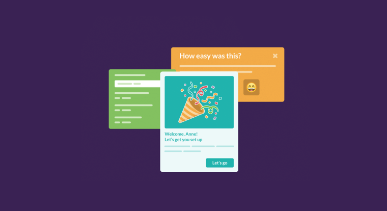 An illustration of Chameleon in-app experiences including a welcome onboarding announcement and an in-app microsurvey.