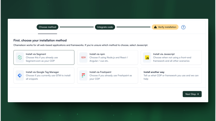 Chameleon's installation setup screen with a three-step progress bar and six method options: Segment, npm, Javascript, Google Tag Manager, Freshpaint, and a custom option.