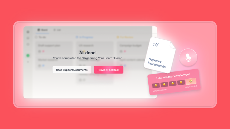 A Chameleon interactive demo completion screen reading 'All done!' with options to read support documents or provide feedback, alongside a floating post-demo satisfaction survey.