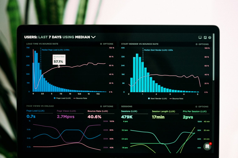 A laptop displaying a dark-themed web analytics dashboard with charts tracking load time, bounce rate, and session metrics.