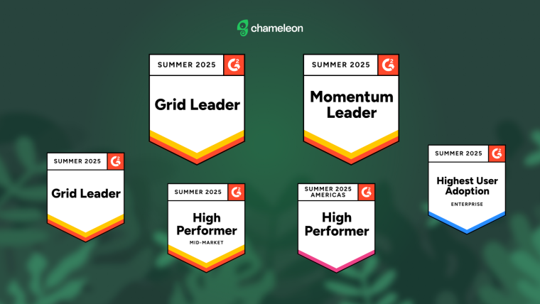 Six G2 Summer 2025 badges earned by Chameleon: Grid Leader (×2), Momentum Leader, High Performer Mid-Market, High Performer Americas, and Highest User Adoption Enterprise.