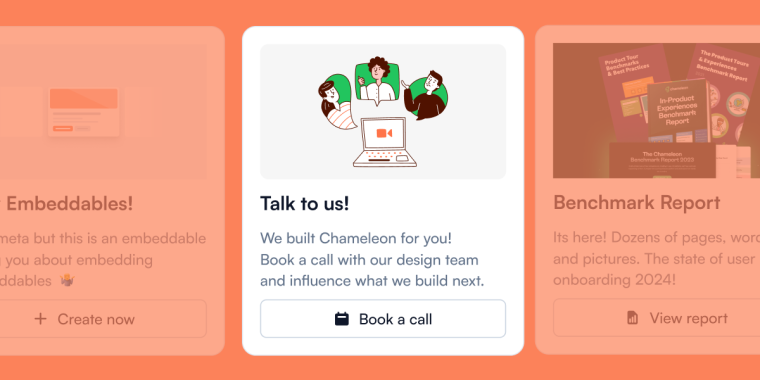 Three Chameleon embedded cards on a coral background, with CTAs to create an embeddable, book a call with the design team, and view a benchmark report.