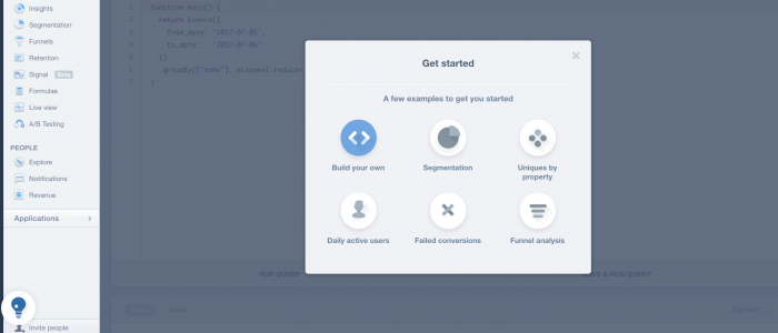 Image of a get started modal from Mixpanel