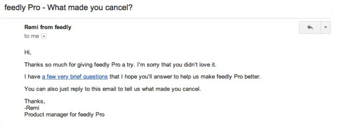 screenshot of feedly Pro's cancellation email