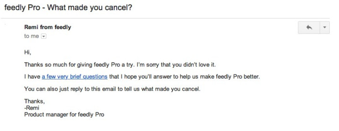 screenshot of feedly Pro's cancellation email