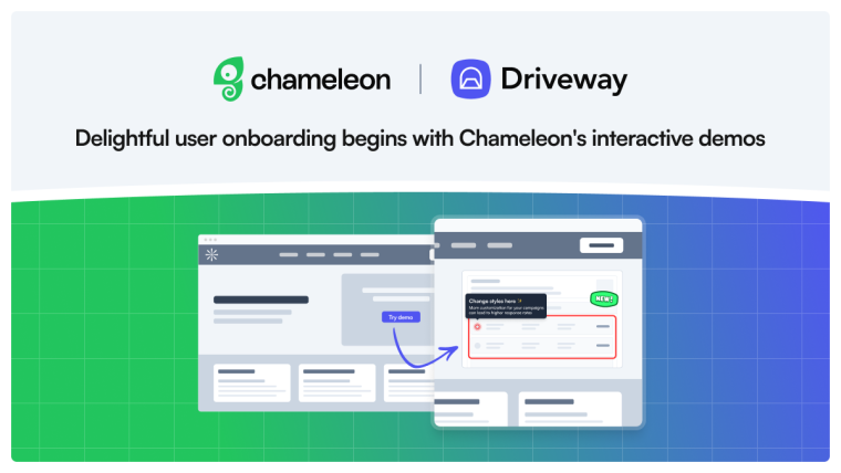 Chameleon and Driveway logos side by side above an illustrated product UI with a Chameleon in-app guidance popup and a 'Try demo' call to action.