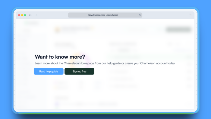 A Chameleon interactive demo showing an announcement step over the Chameleon dashboard, prompting users to read a help guide or sign up.