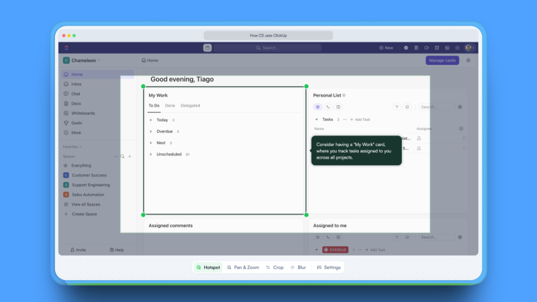 Chameleon's interactive demo editor with a hotspot tooltip configured on a product dashboard.