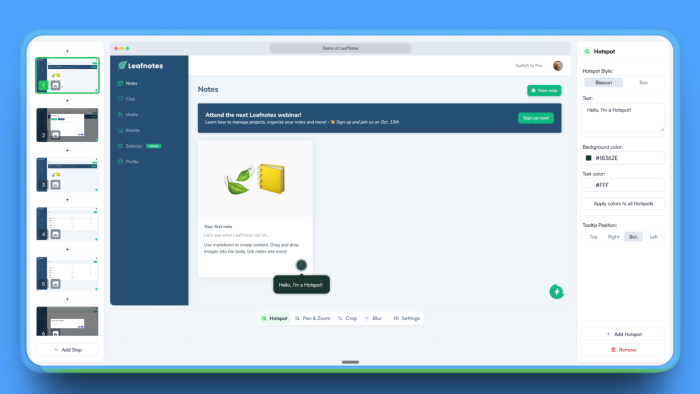 The Chameleon interactive demo editor showing the hotspot configuration panel, with controls for style, tooltip text, colors, and position.