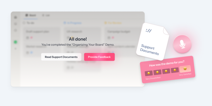 A Chameleon interactive demo completion screen, with a support documents card and a post-demo satisfaction microsurvey