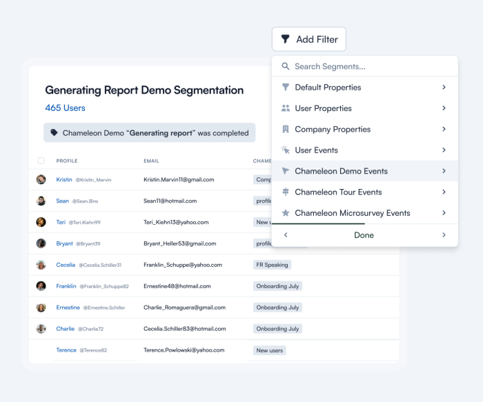 The Chameleon dashboard showing a user list segmented by demo completion, with a filter dropdown open listing a mix of property-based and Chameleon-event-based segment categories