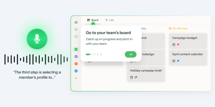 A microphone and voice waveform with narration text alongside a step in a Chameleon product tour on a fictional product dashboard