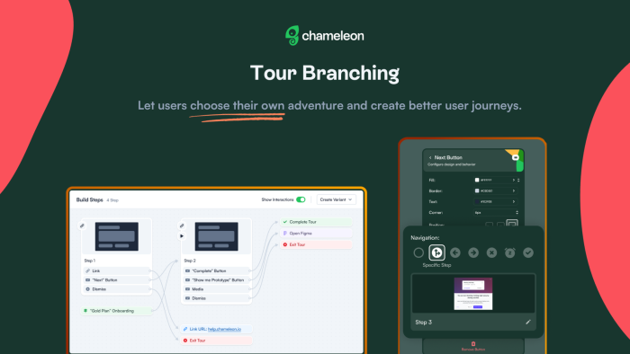 Tour Branching — the Chameleon Builder showing a multi-step flow with branching navigation outcomes and a button configuration panel set to jump to a specific step