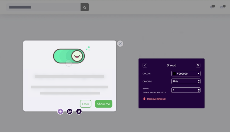 The Chameleon Builder's shroud settings panel showing color, opacity, and blur controls, alongside a preview of a Chameleon announcement.
