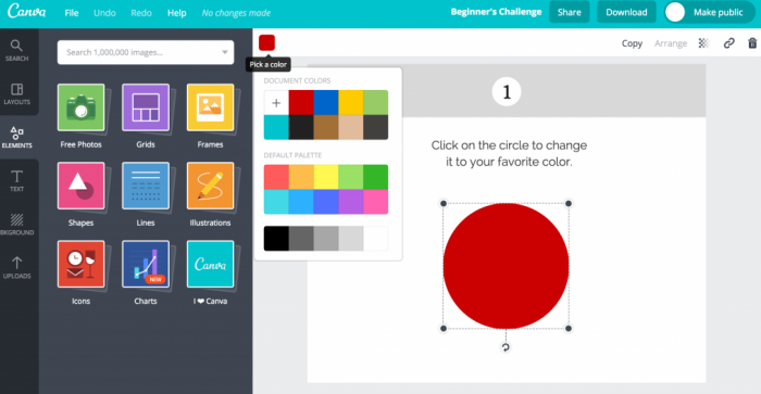 A screenshot from Canva's interactive onboarding tutorial, inviting new users to engage directly with the toolset by selecting a color.