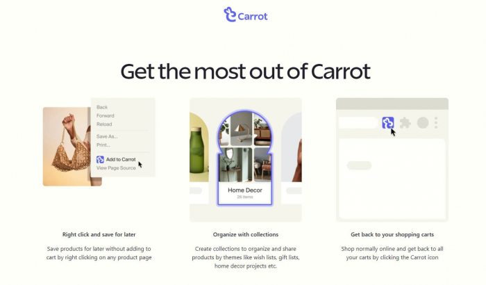 A promotional snapshot of Carrot's features showcasing how it personalizes the online shopping experience