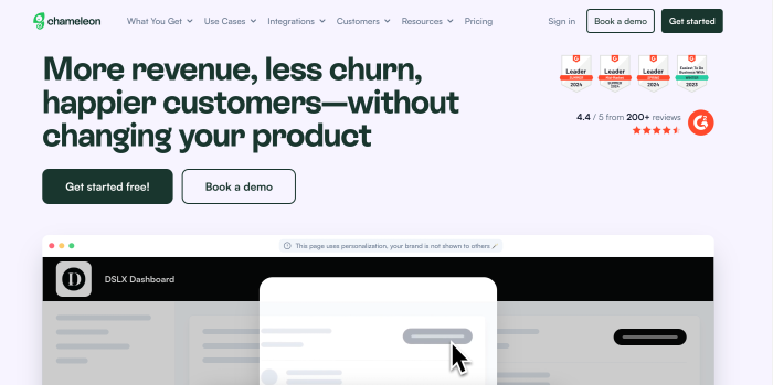 Chameleon's marketing website with the headline 'More revenue, less churn, happier customers—without changing your product,' G2 Leader badges, and a product screenshot preview.