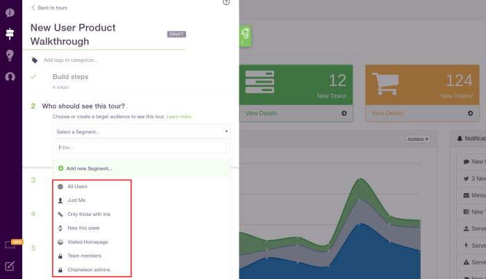 A screenshot of Chameleon’s audience segmentation options for creating personalized interactive product walkthroughs